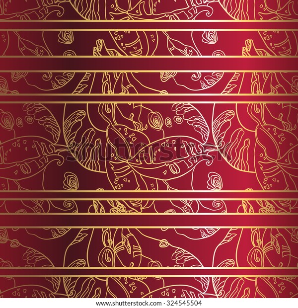 Luxury divided golden lace\
ornament on deep red background. Seamless pattern Vintage Lace\
Doily.