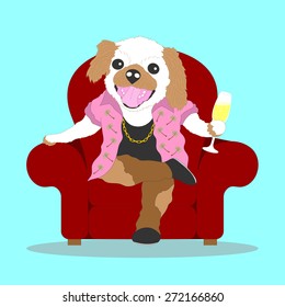 luxury dog sitting on red sofa and drinking champagne, funny character cartoon vector design