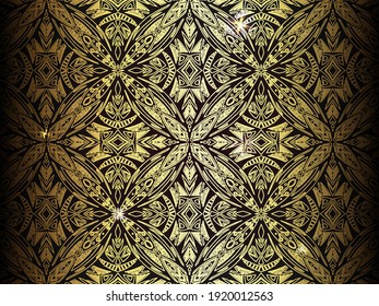 Luxury doodle flower pattern with ornaments. Golden kaleidoscope wallpaper with sparkle. Vector vintage natural texture. Fabric with boho petals. Geometric ornament