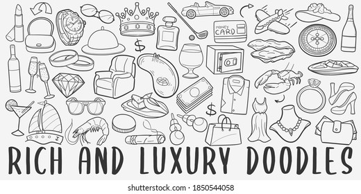 Luxury Doodle Icon Set. Rich Life Style Vector Illustration Collection. Banner Hand Drawn Line Art Style.