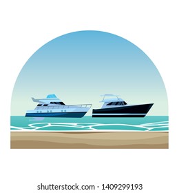 Luxury double decked yatch fast sea travel and exploration pair round shore frame background vector illustration graphic design