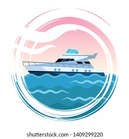 Luxury double decked yatch fast sea travel and exploration sailing splash frame vector illustration graphic design