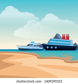 Luxury double decked yatch fast sea travel and exploration cruiseship beach shore background vector illustration graphic design