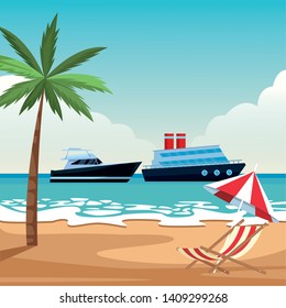 Luxury double decked yatch fast sea travel and exploration and yatch beach shore umbrella and chair with palm tree background vector illustration graphic design
