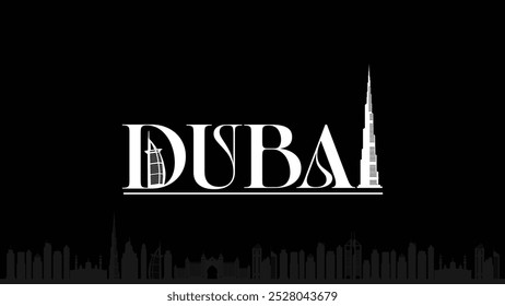 Luxus-Dubai-Logo mit Denkmälern auf schwarzem Hintergrund