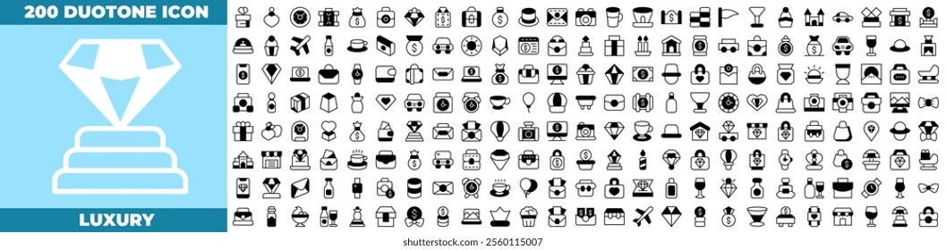 Luxury Duotone Editable Icons set. Vector illustration in modern thin duotone style of luxury icons: diamond, rich, gem, gold, etc