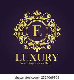 Luxury E golden flower letter logo template.