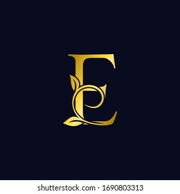 Luxury E  Initial Letter Logo gold color, vector design concept ornate swirl floral leaf ornamen with initial letter alphabet for luxury style.