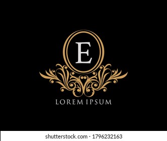 Luxury E Letter Logo. Luxury calligraphic vintage emblem with beautiful classy floral ornament. Elegant logo design Vector illustration.