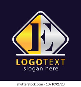 Luxury E letter with square shape gold silver color logo design. vector template
