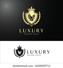 Luxury Eagle Crest Logo with Golden Shield, Crown, and Laurel Wreath