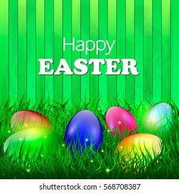 Luxury Easter Banner with Eggs Hidden in Grass and Happy Easter Text. 3D Vector Illustration