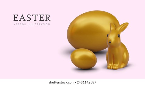 Luxury Easter concept on pink background. Golden eggs of different sizes, rabbit