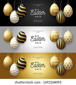 Luxury Easter egg sale horizontal banner set. Easter card with gold and white realistic eggs hang on a thread, golden ornate eggs on black modern background. Vector illustration. Place for your text