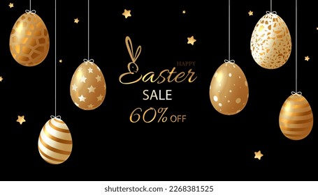 Banner horizontal de la venta de huevos de lujo en Pascua. Tarjeta de Pascua con huevos realistas dorados y blancos