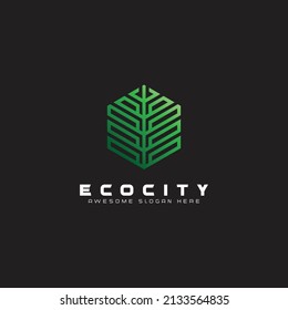 luxury eco city logo design, creative real estate logo design hexagon shape, modern city greening business real estate vector template illustration