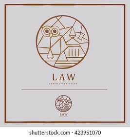 LUXURY EDITION : UNIQUE VECTOR LOGO / ICON DESIGN WITH LAW ELEMENTS AND SYMBOLISM IN A CIRCLE . COLORS : GOLD, BROWN, GREY 