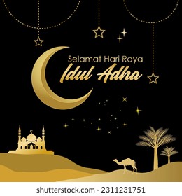 Luxury Eid Al Adha Mubarak greeting card design with golden crescent moon, mosque, palm tree and silhouette camel. Text means blessed eid al adha. Vector Illustration.