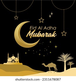 Luxury Eid Al Adha Mubarak greeting card design with golden crescent moon, mosque, palm tree and silhouette camel. Black background. Text means blessed eid al adha. Vector Illustration.