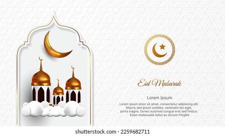 luxuriöser Eid Mubarak Hintergrund in weiß-goldener Farbe mit 3D-islamischer Dekoration. Vektorgrafik