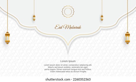 el Eid Mubarak es un establecimiento de lujo de color blanco y dorado con una decoración islámica. ilustración vectorial