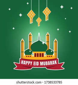 Luxury eid mubarak greeting card, green background with light of mosque and text. suitable for banner ads flyer poster