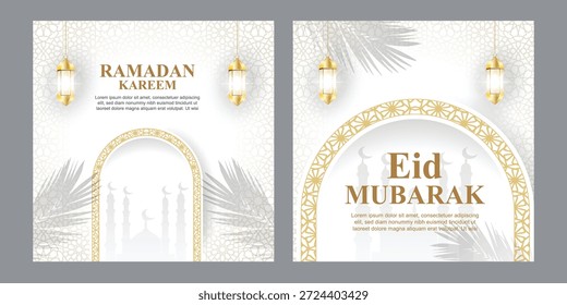 Luxury Eid Mubarak greeting card with golden arch ornament and palm tree shadows on white Islamic geometric pattern background design.