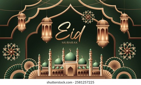 Luxury Eid Mubarak Vector with Illuminated Mosque and Arabic Patterns
