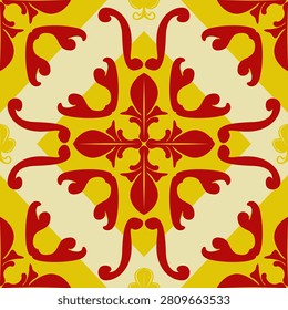 Luxury elegance florals seamless pattern in bold red golden yellow hand drawn element. Ideal for ceramic tiles wallpaper upholstery fabric surface wrapping paper decorative backgrounds tiles filigree