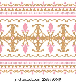 Luxury Elegance Petals Nature Fleur De Lis Element Classy Renaissance Silk Decoration Style. Elaborate Gold Sweet Pink Rich Damask Scroll Ornament on White Background with Detailed Geometric Pattern