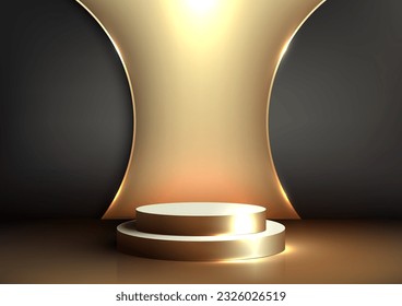 Lujo y elegancia con esta tribuna realista en blanco y dorado con un fondo dorado sobre fondo negro. Ideal para presentar sus productos de maquillaje en un diseño moderno y elegante. vector