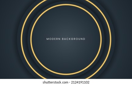 Elegante y lujoso círculo negro de forma 3D fondo de marco con brillante decoración de línea dorada.