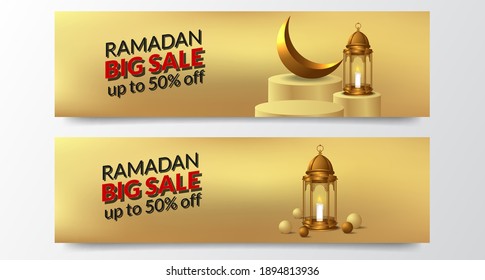 luxury elegant 3d golden fanoos lantern lamp with crescent moon for ramadan sale offer banner template