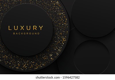 Luxury elegant 3d shape background with shimmering gold dotted pattern isolated on black. Abstract realistic papercut background. Elegant template