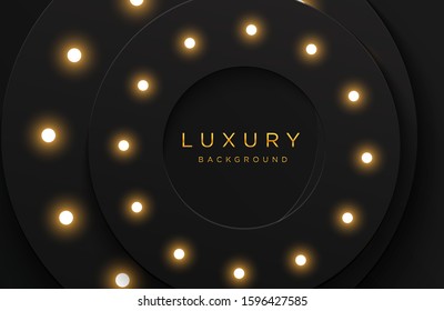 Luxury elegant 3d shape background with shiny light bulb composition isolated on black. Abstract realistic papercut background. Elegant template