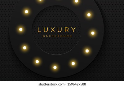 Luxury elegant 3d shape background with shiny light bulb composition isolated on black. Abstract realistic papercut background. Elegant template