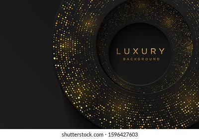 Luxury elegant 3d shape background with shimmering gold dotted pattern isolated on black. Abstract realistic papercut background. Elegant template