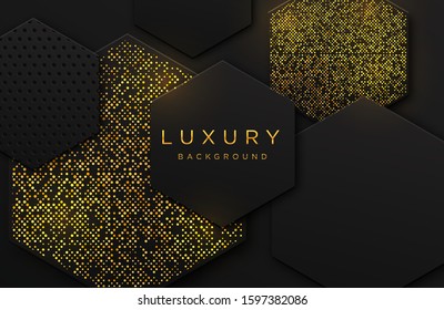 Luxury elegant 3d shape background with shimmering gold dotted pattern isolated on black. Abstract realistic black papercut background. Elegant template