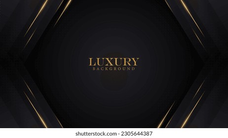 lujoso y elegante fondo negro abstracto en forma de hexágono con medio tono y brillante línea dorada. ilustración vectorial de diseño de tema elegante de lujo