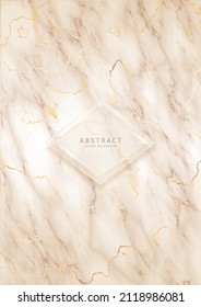 Luxury elegant background. Beige marble texture with gold veins and glossy copy space with shiny borders. Modern premium template in nude pastel colors for invitation, card or notebook cover