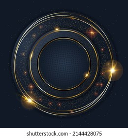 Lujoso y elegante fondo con un elemento de círculo dorado y puntos de partícula sobre una superficie oscura. Plantilla de diseño de vectores para usar el marco de eventos de elemento, portada, banner, publicidad corporativa

