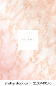Luxury elegant background. Pink marble texture with gold veins and copy space with shiny borders. Modern premium template in pastel colors for invitation, card or notebook cover