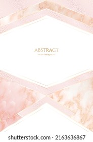 Luxury elegant background. Pink marble with gold veins, dots with a glittering effect and shiny borders. Modern premium template in pastel colors with a copy space for invitation, card, notebook cover
