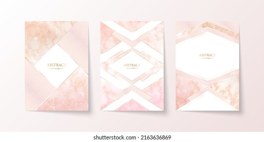 Luxury elegant background set. Pink marble texture with gold veins, glittering dots and copy space with shiny borders. Modern premium templates in pastel colors for invitation, card or notebook cover
