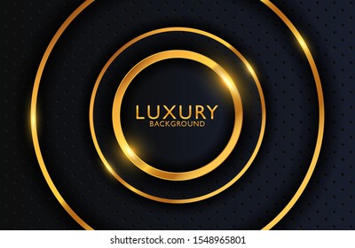 Luxury elegant background with shiny gold circle element on dark black metal surface. Business presentation layout