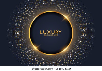 Luxury elegant background with shiny gold circle element and dots particle on dark black metal surface. Business presentation layout