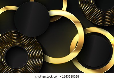 Lujoso y elegante fondo con brillantes elementos de círculo dorado y puntos de partícula sobre la superficie de metal negro oscuro. Plantilla de cubierta elegante