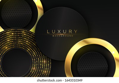 Luxury elegant background with shiny gold circle element and dots particle on dark black metal surface. Elegant cover template