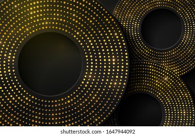 Luxury elegant background with shiny gold circle element and dots particle on dark black metal surface. Elegant Abstract wallpaper background design