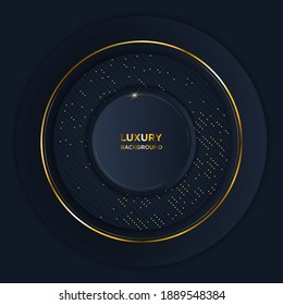 Luxury elegant background with shiny gold circle element and dots particle on dark black metal surface. Business presentation layout.
